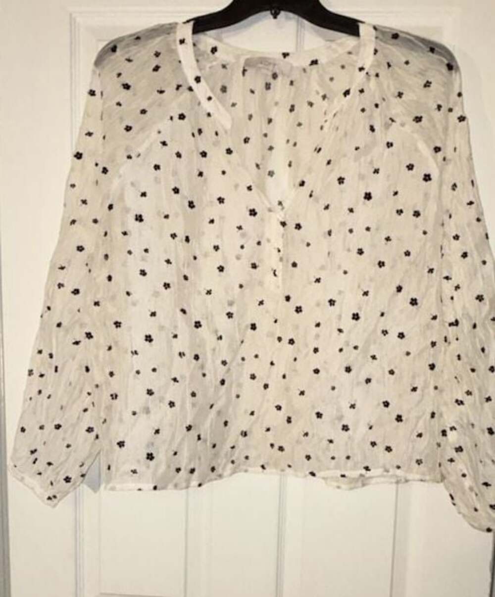 LOFT White and Black Floral Print Long Sleeve Textured Blouse